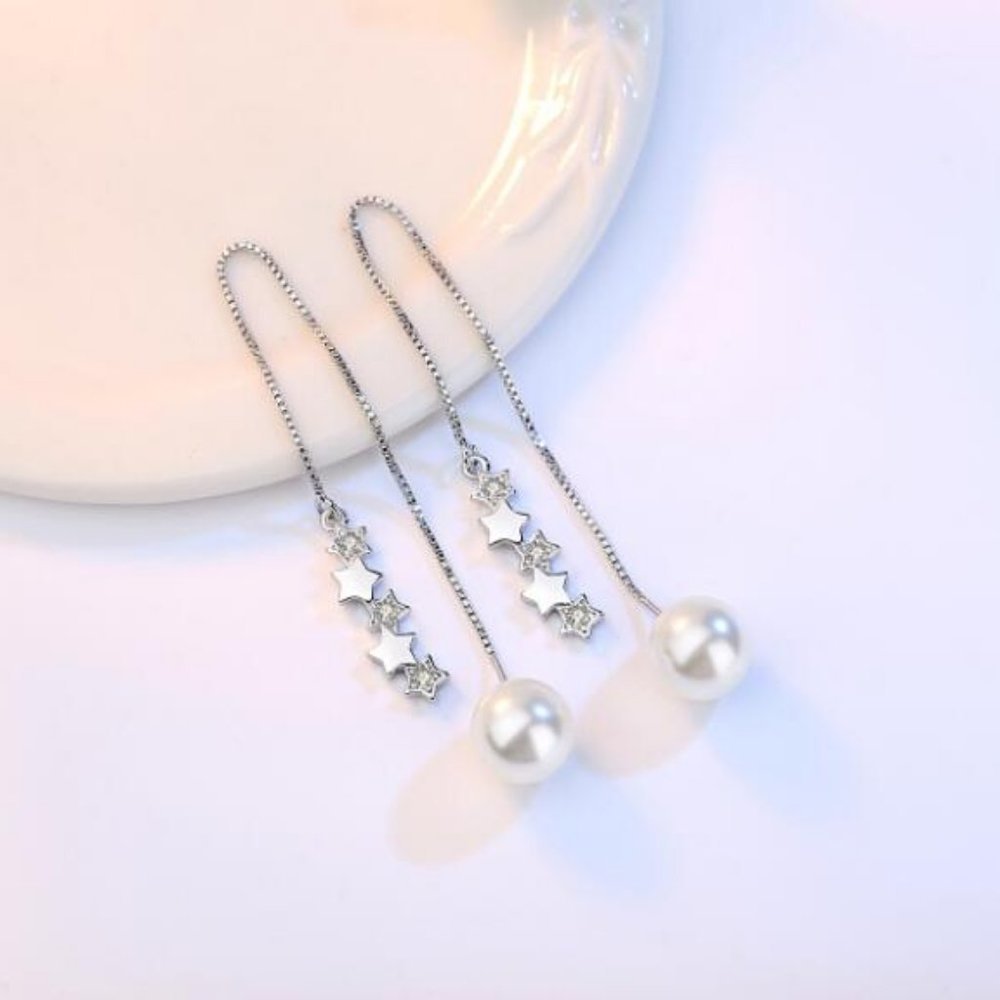 925 Sterling Silver Diamond Star Pearl Earrings L - Picture 5 of 8